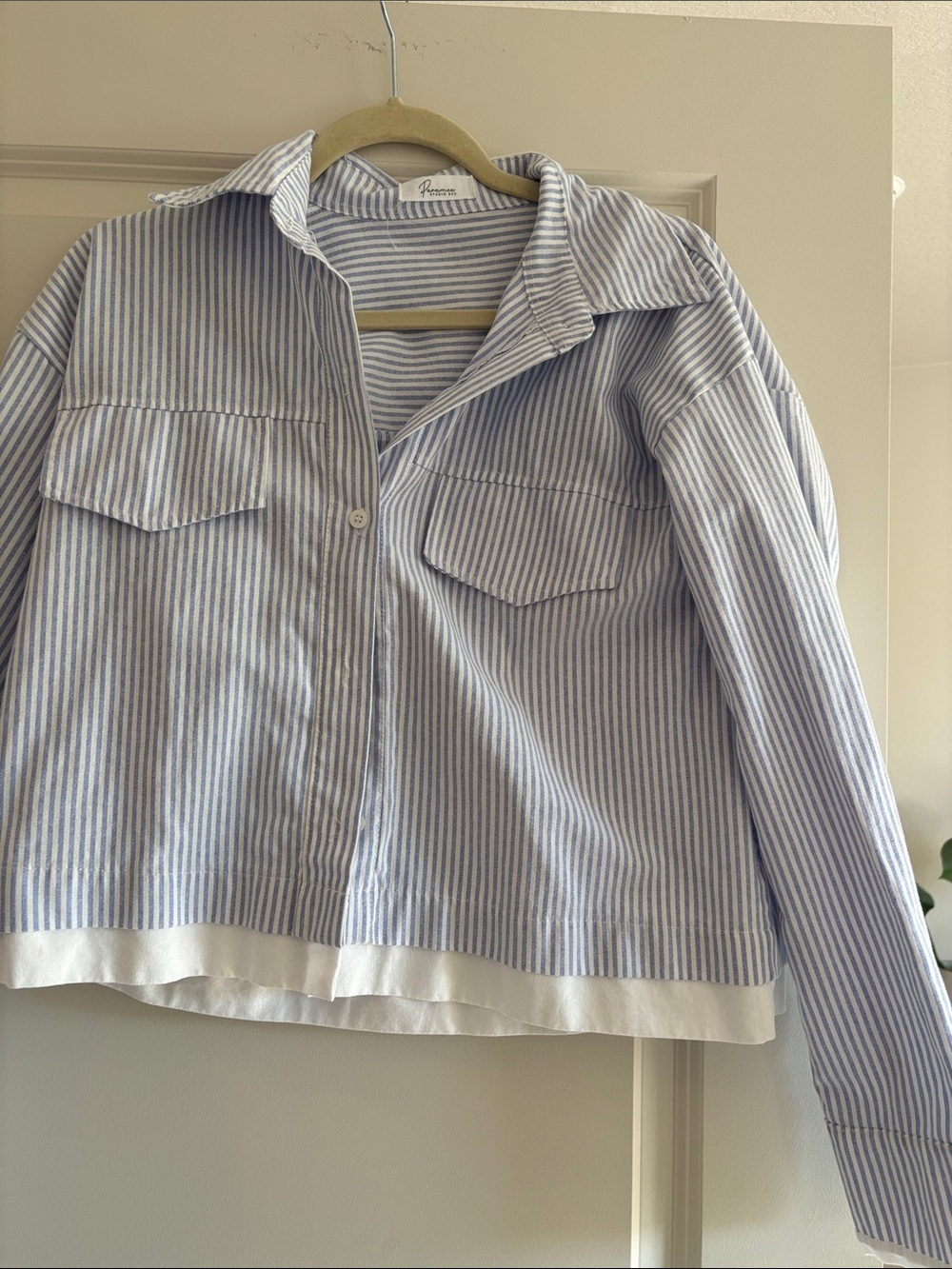 Cropped Blue and White Striped Button-Up Shirt Jacket